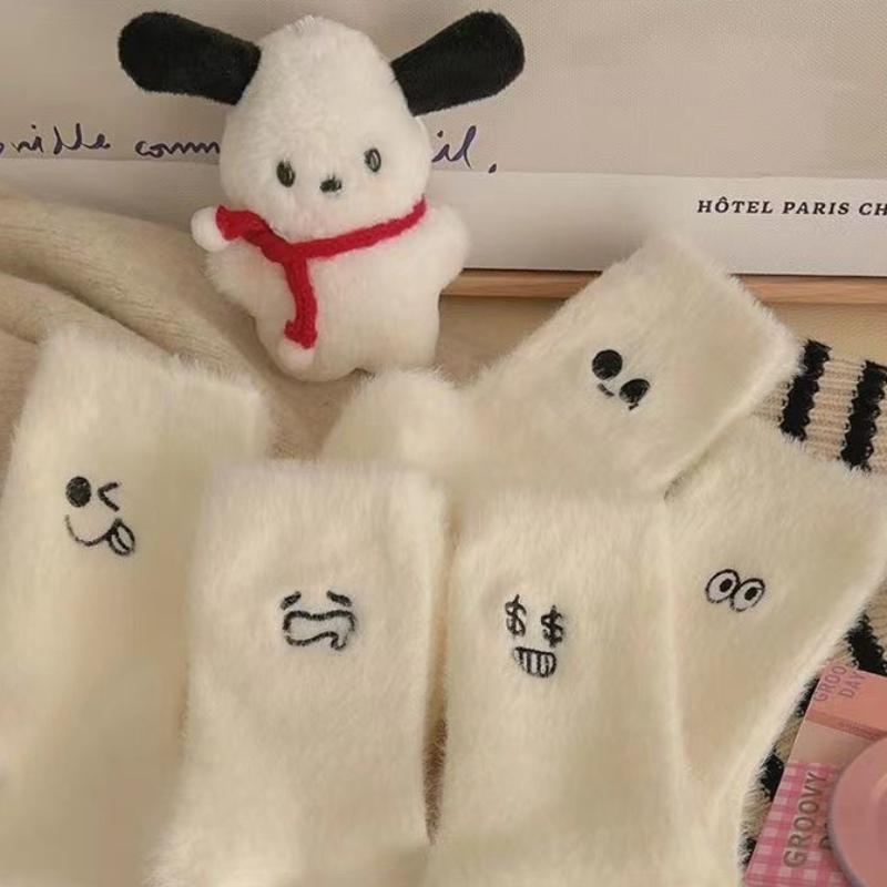 White Funny Expressions Socks for Women Autumn Winter Warm Mink Sleeping Home Socks EMA