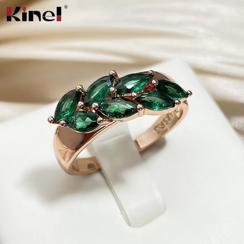 Vintage Green Zircon Leaf Rings For Women Rose Gold Color Luxury Ring Bride Wedding Fine Jewelry Gift