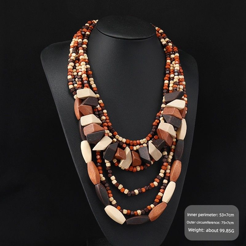 Retro Ethnic Style Wooden Necklace Fashion Style Bohemia Long Stylish Multi-Layer Sweater Chain Performance Accessories Women