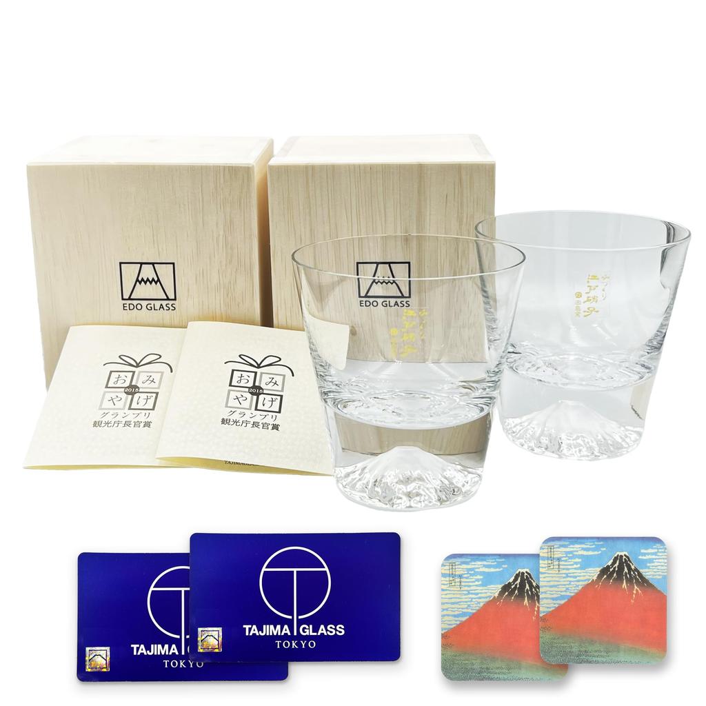 Tajima Glass Fuji Rocks Made In with Authenticity Wooden Set of 2 2 Fuji Paper Coasters [Bonus Set] Mt. Glasses, Authentic, Japan, Certificate, Box,