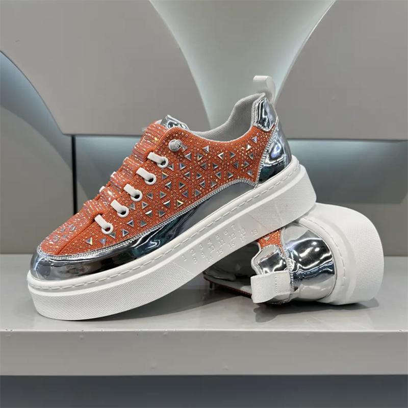 Luxury Rhinestone Sneakers Men Platform Casual Shoes Round Toe Lace-up Walking Shoes Mens Solid Color Crystal Designer Sneakers