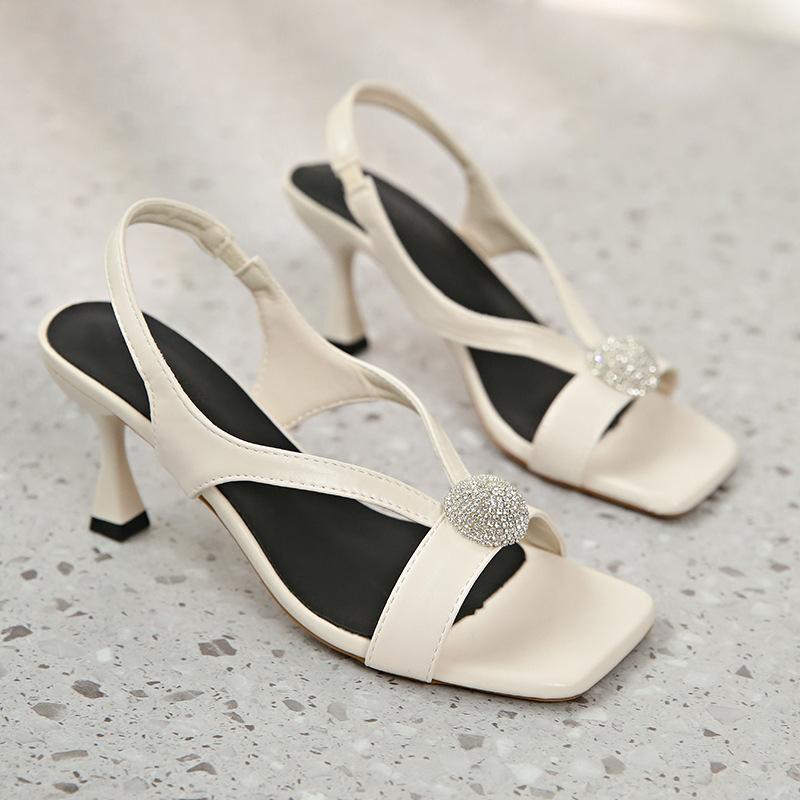 2025 Summer New with Skirt Square Head Fashion Sandals Women's Korean Version High Heel Thin Heel Elegant French Rhinestone Women's Shoes