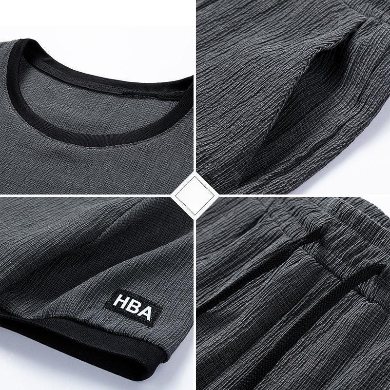 Men's Summer Ice Silk Suit   Loose  Leisure Sports Suit Men's Short-sleeved  Pants Two-piece Set