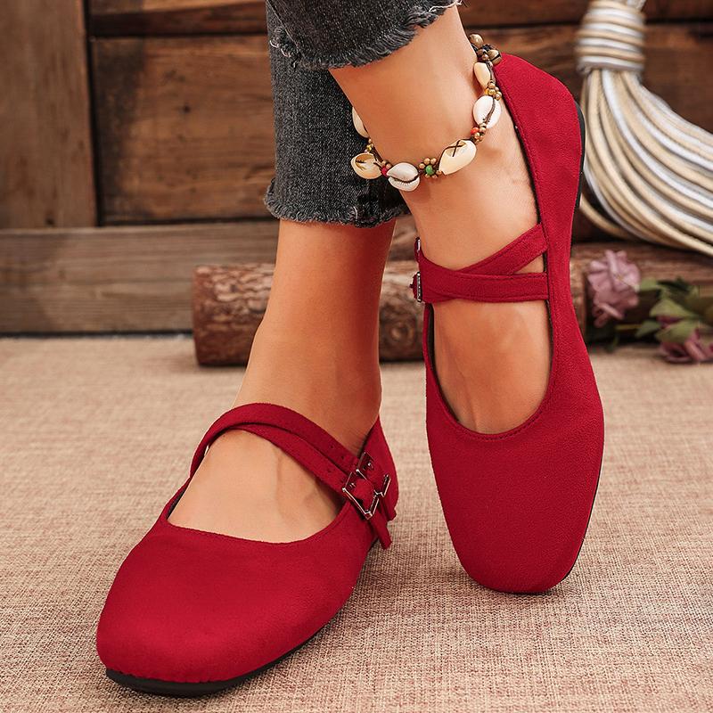 Double Buckle Red Ballet Flats Women 2026 Brand Designer Square Toe Mary Jane Shoes Woman Faux Suede Casual Shoes Female