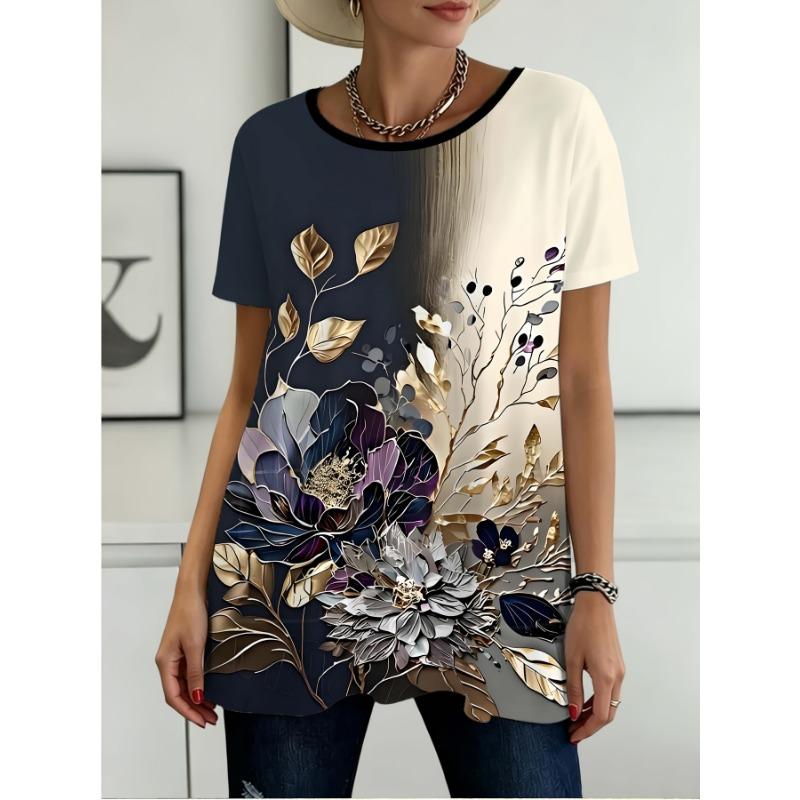 Women's Large Size Casual Elegant Floral Print Long Sleeve Round Neck Pocket T-Shirt Top