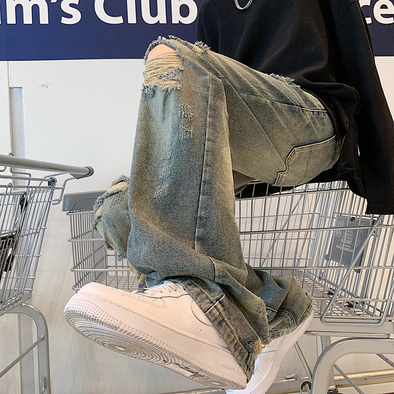 Summer Street Retro Ripped Washed Straight-Leg Jeans for Men and Women