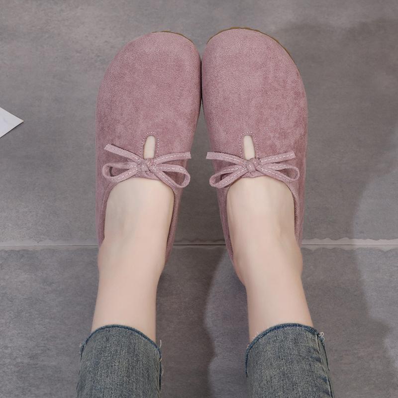 Fashion Women's Fashion Baotou Slippers Summer New Round Head Suede Butterfly Knot Soft Sole Anti-slip Wear-resistant Flat Shoes
