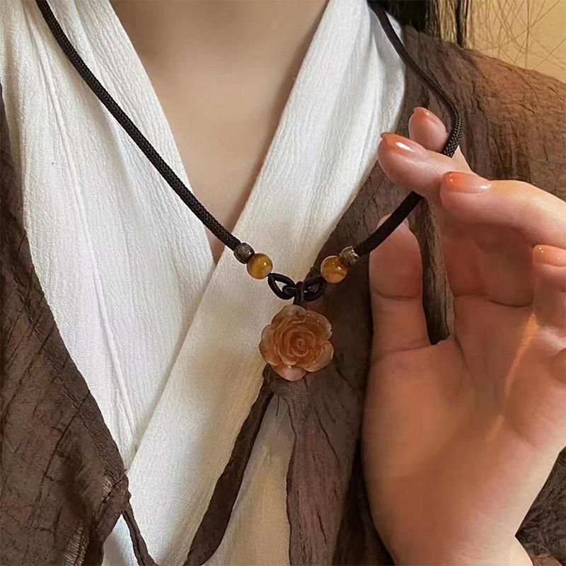 Collier Pendentif Boucle de Paix Fleur Camélia Perlé Style Chinois Chaîne Pull Bijou Cadeau