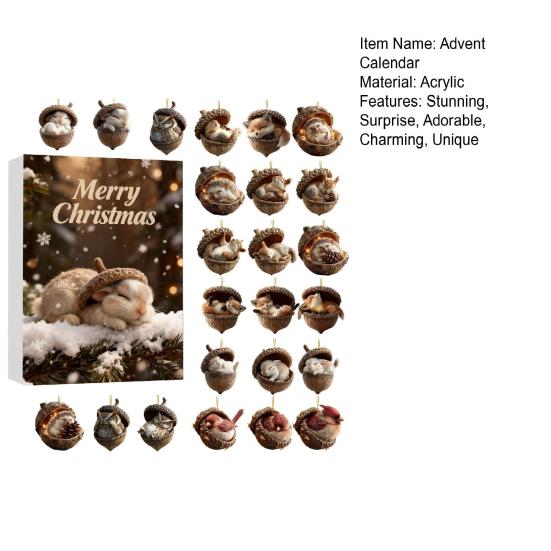 2025 Ozdoby Żołędzi Zwierzęta Leśne Kalendarz Adwentowy 2D Akrylowy Przytulny Las Zestaw Ozdób Świątecznych Szyszka Zwierzę Odliczanie Dekoracja na Choinkę