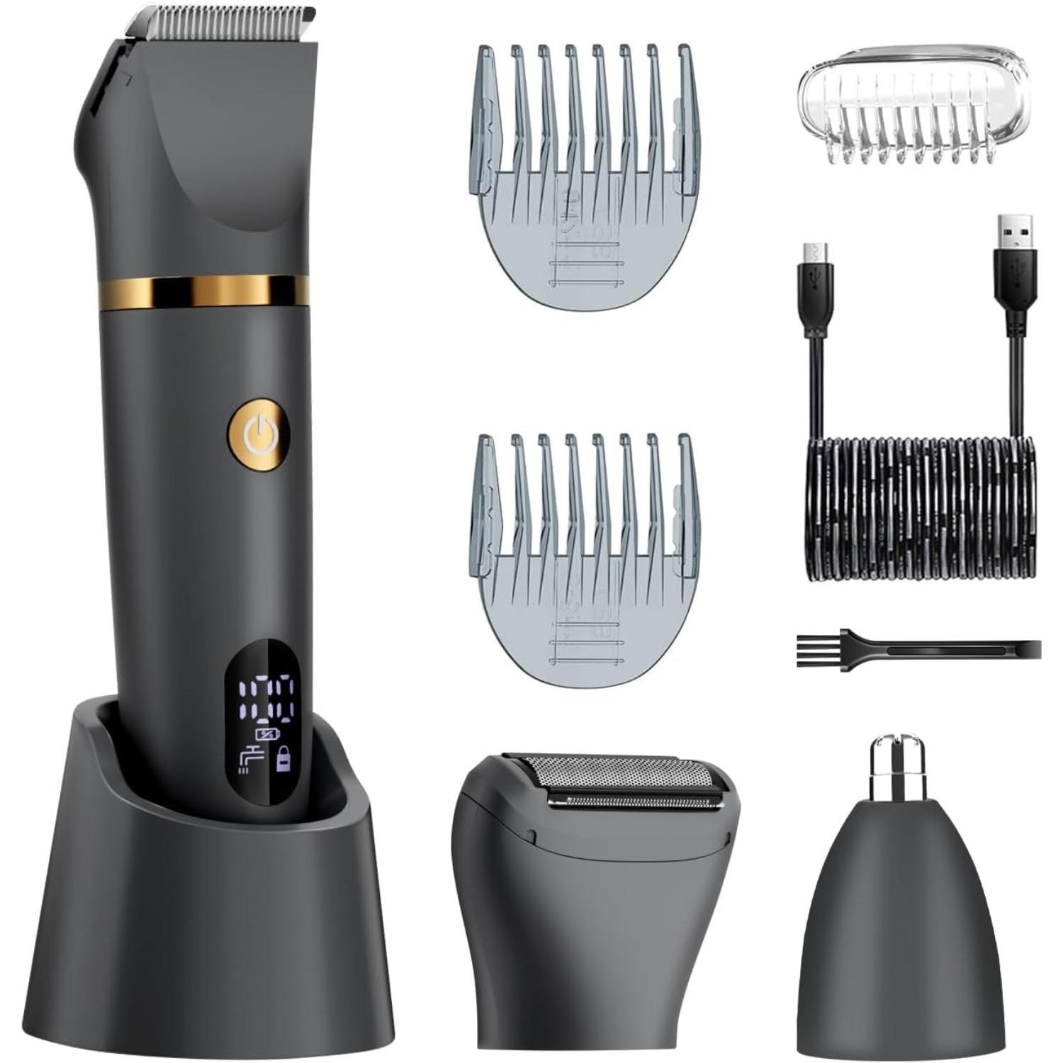 

Ball Shaver for Men, 3-in-1 Multifunction Body Hair Trimmer & Pubic Shaver with Titanium Blades (No Nicks!), IPX7 Waterproof Electric Razor, сірий