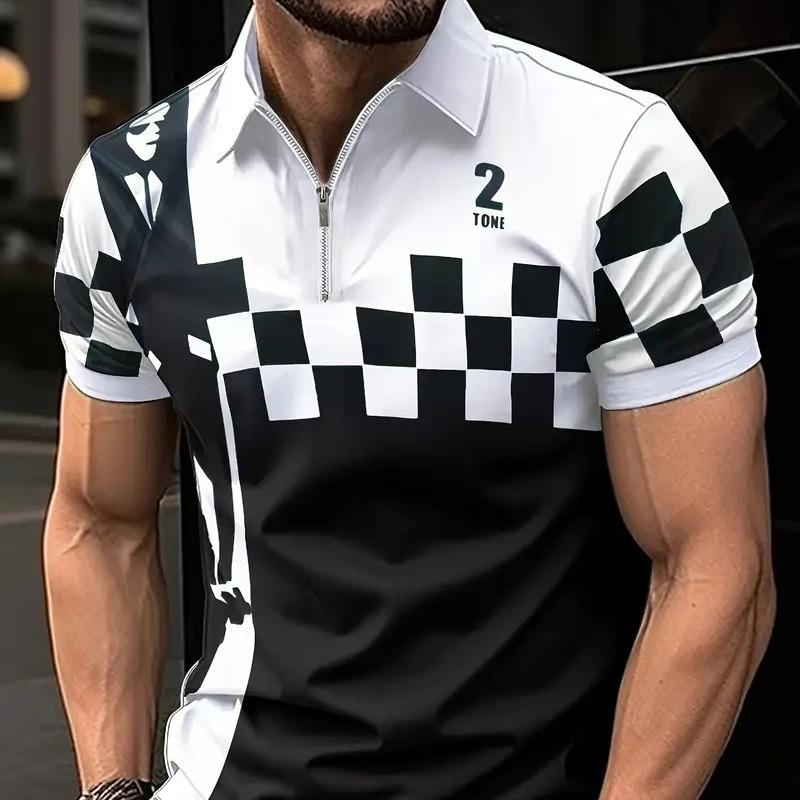 New Men s Lapel Fashion Square Plaid Printed Men s T-shirt POLO Shirt Men s Tops S белый