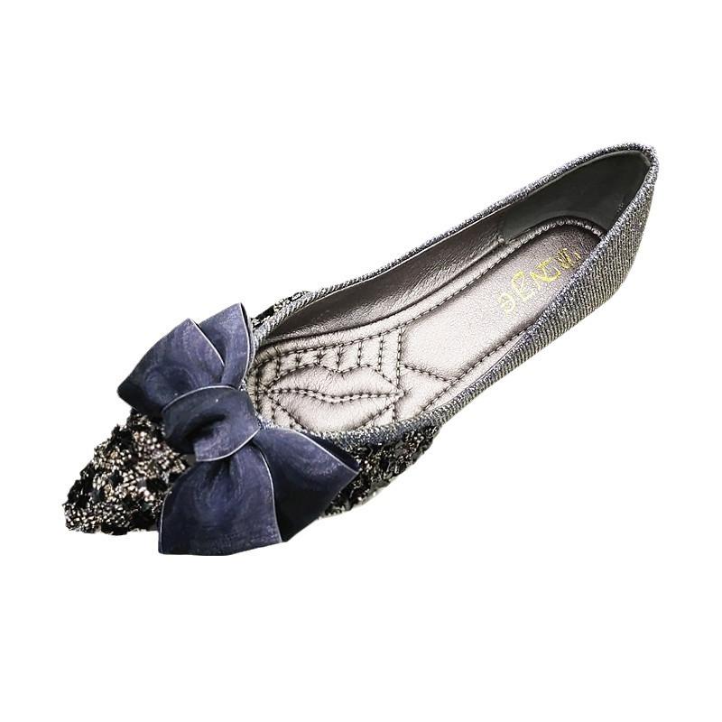Evening Shoes Soft-soled Rhinestone Bow Bridesmaid Single Shoes Women's Spring New Versatile Pointed Head Shallow Mouth Flat Bottom Ladyshoes