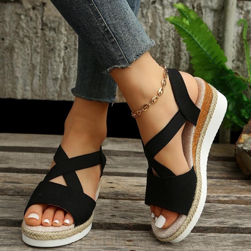 Summer new sandals large size hemp rope cross with fish mouth wedge heel casual sandals women