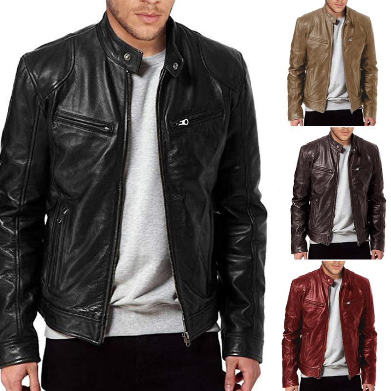 Winter Business Gentleman Zip Cardigan Pocket Decorative PU Leather Jacket Stand-Up Collar Slim Leather Jacket Jacket