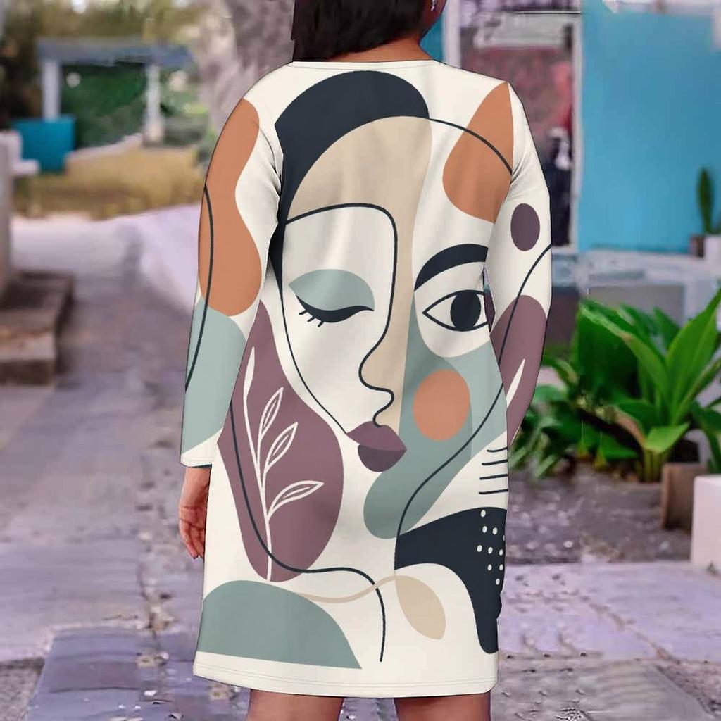 Women Plus Size V Neck Long Sleeve Abstract Leaf Printed Straight Dress