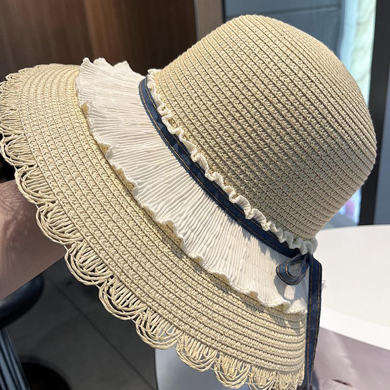 Lace Large Brim Straw Hat Women's Spring Summer Seaside Vacation Beach Hat Straw Wide Brim Shade Sun Protection Hat
