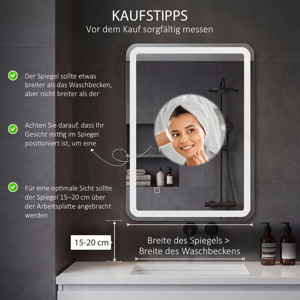 Bathroom Mirror, Illuminated, Touch Control, Anti-Fog, Dimmable, 3 Light Colors, 50x70, Silver