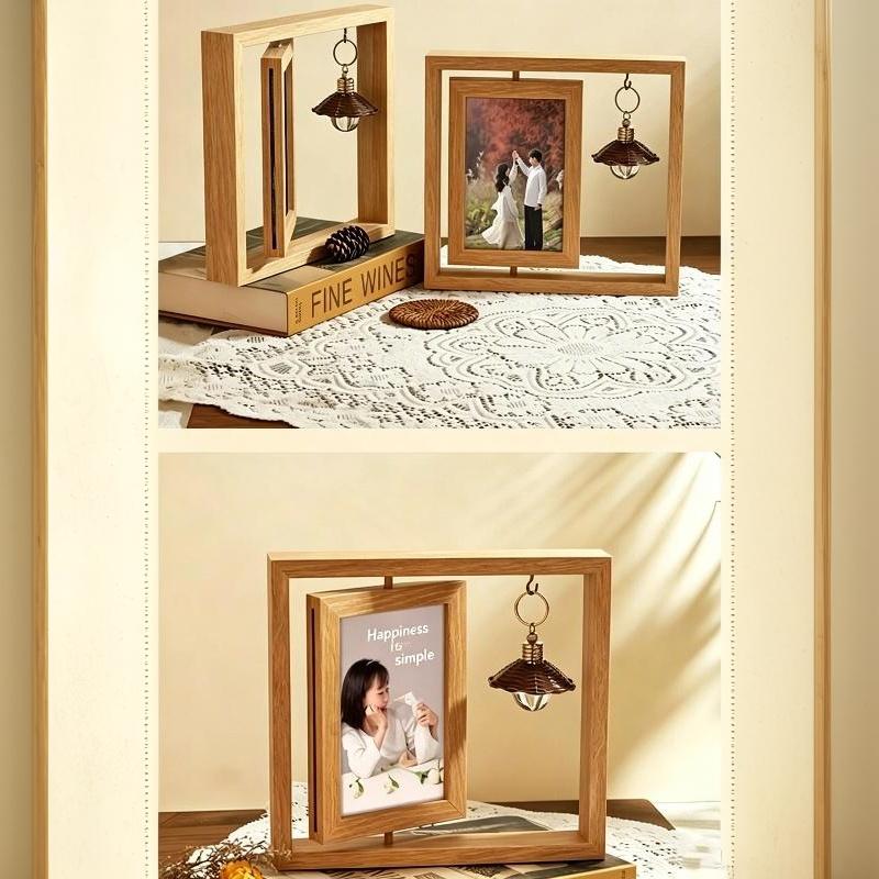 Cornice Portafoto Rotante in Legno Display a Doppia Faccia Ornamento Carino per Casa Ufficio Scrivania Camera da Letto Decorazione