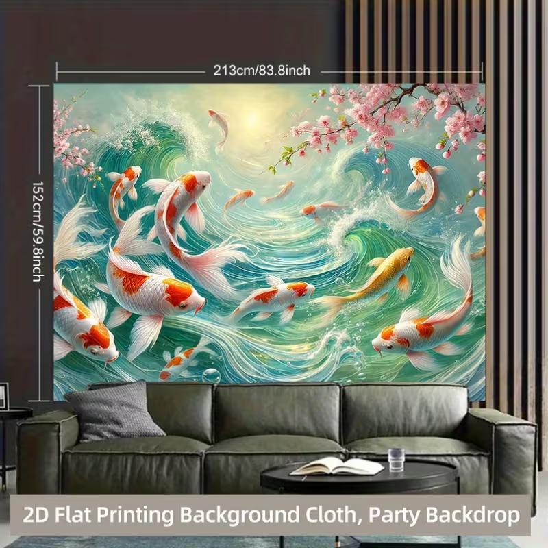 2D Printed Lucky Koi Backdrop Sakura Flowers Turquoise Water Party Photo Booth Background