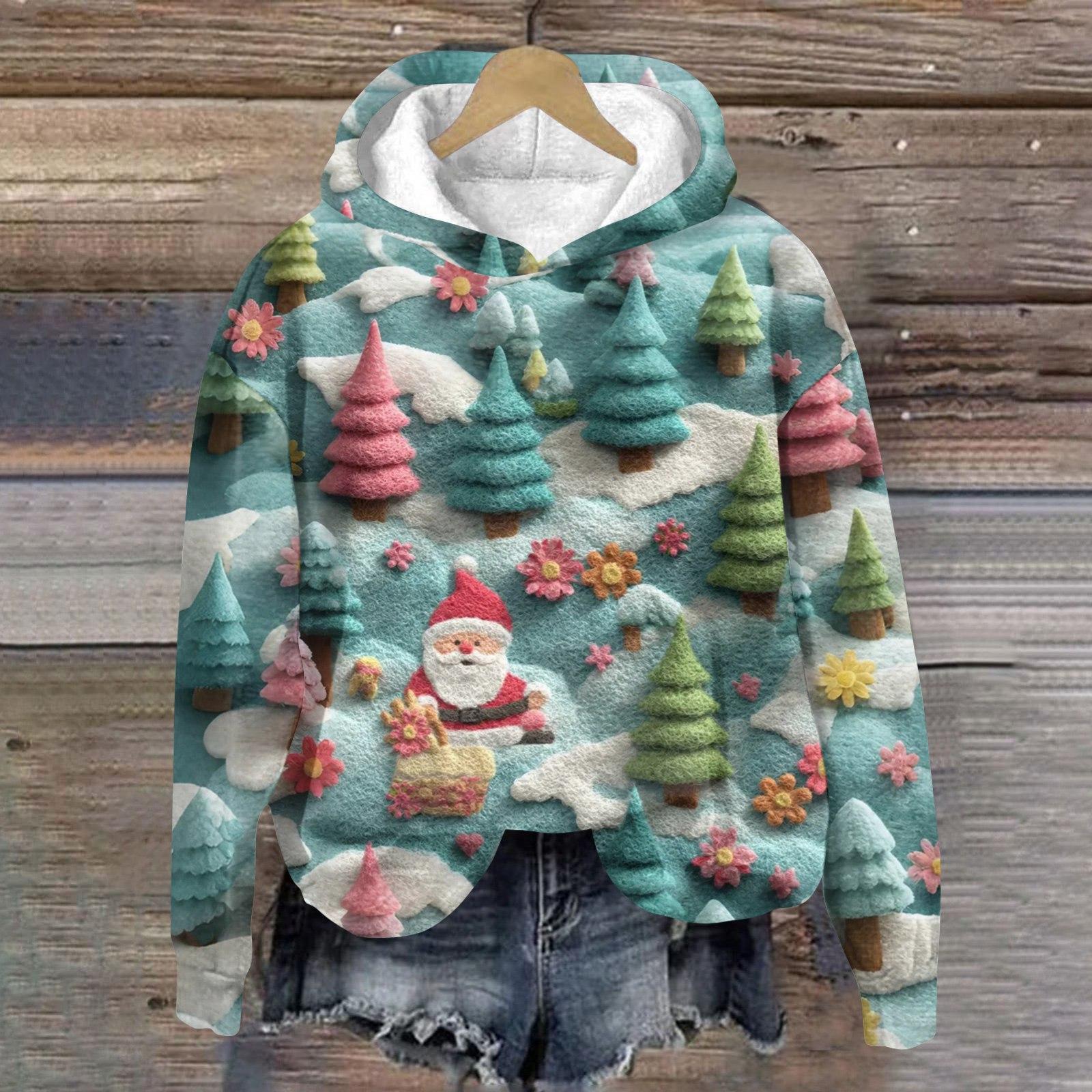 

Women s Fashion Long Sleeve Christmas Print Loose Hooded Sweatshirt Top L синій