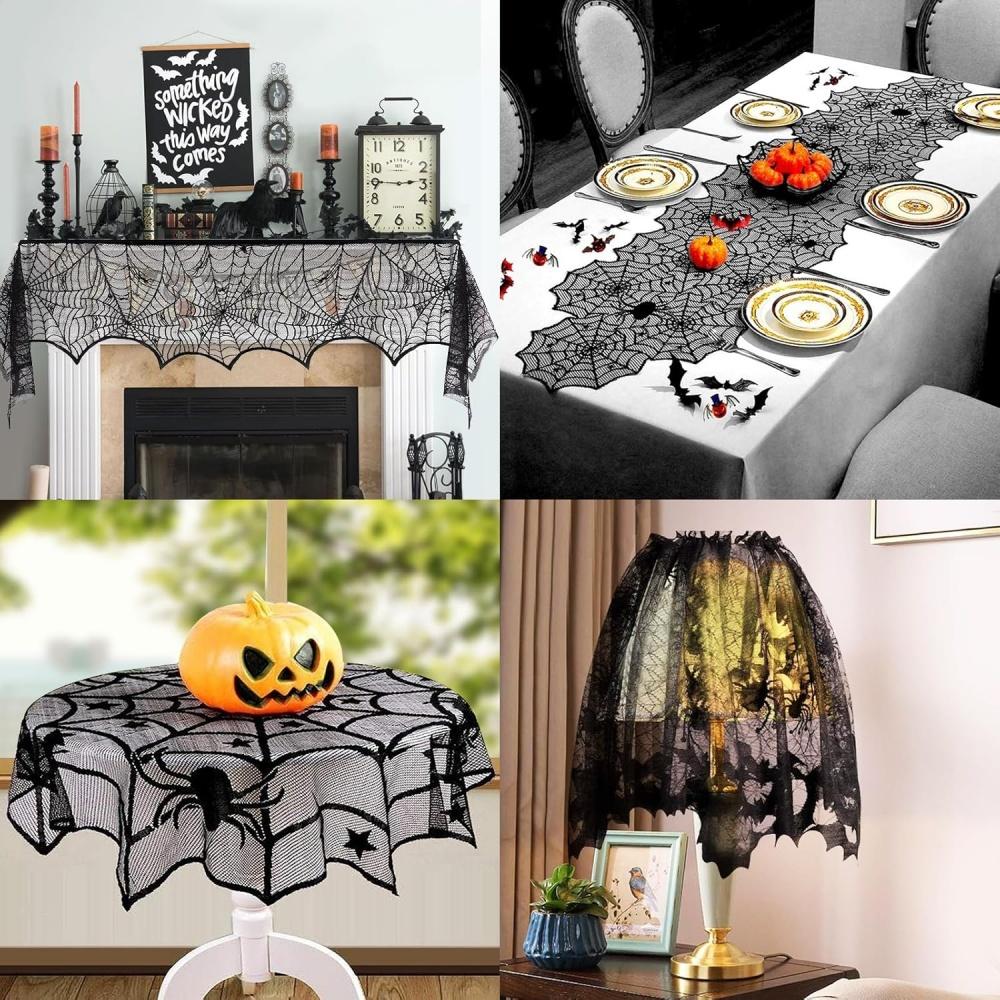 New Halloween Bat Table Runner Lace Web Skeleton Skull Tablecloth Black Fireplace Mantel Scarf Event Party Decoration Supplies