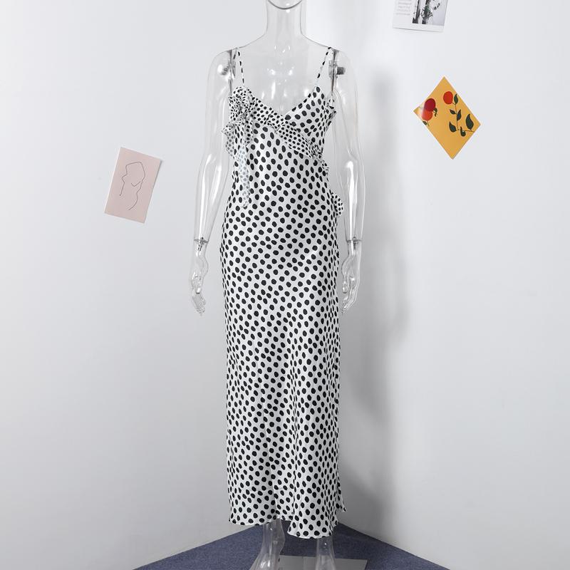 

Длинное платье на бретельках с принтом в горошек, женское длинное платье с v-образным вырезом, без рукавов, с открытой спиной и 3D цветком, женское летнее праздничное женское платье L