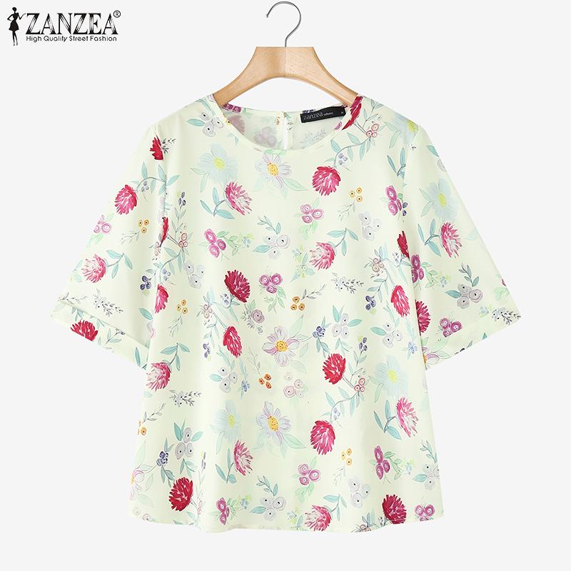 ZANZEA Women Casual Round Neck Summer Half Sleeve Floral Blouse