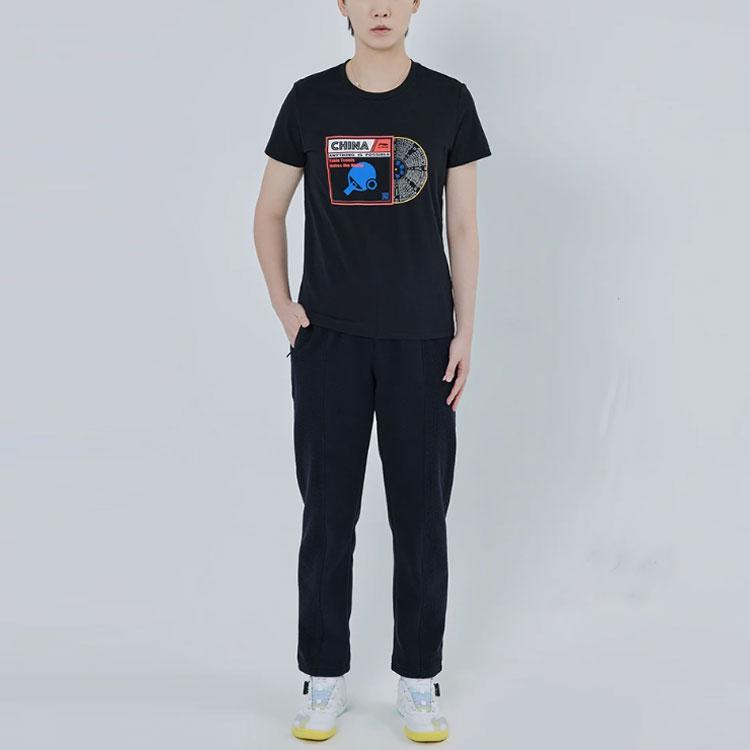 Li Ning Table Tennis Series Logo Print Round Neck Short Sleeve T-Shirt Unisex Tops Black ATST027-3