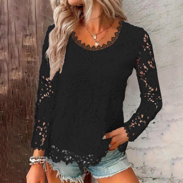 Square Neck Lace Long Sleeves Top Women Solid Fashion