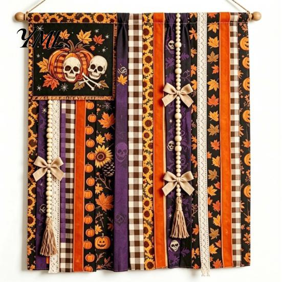 Office Party Supplies Halloween Rag Banner, Orange Black Skull Ghost Pumpkin Hanging Decoration, Rustic Indoor Outdoor Holiday Decor Fabric