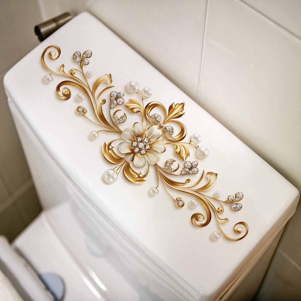 Luxurious Gold Jewelry, Pearl and Diamond Toilet Tank Stickers, Court-style Bathroom Decoration Stickers