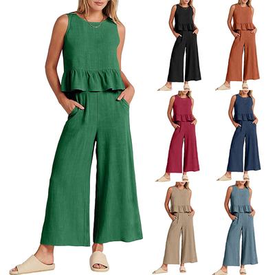 Women 2-Piece Outfits Round Neck Sleeveless Crop Basic Top Casual Suits Sets Wide Legs Pants Jumpsuits