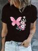 Pink Butterfly and Floral Pattern T-Shirt Casual Fit Harajuku Sleeves Casual Women's Street Aesthetic Clothing Graphic T Shirts