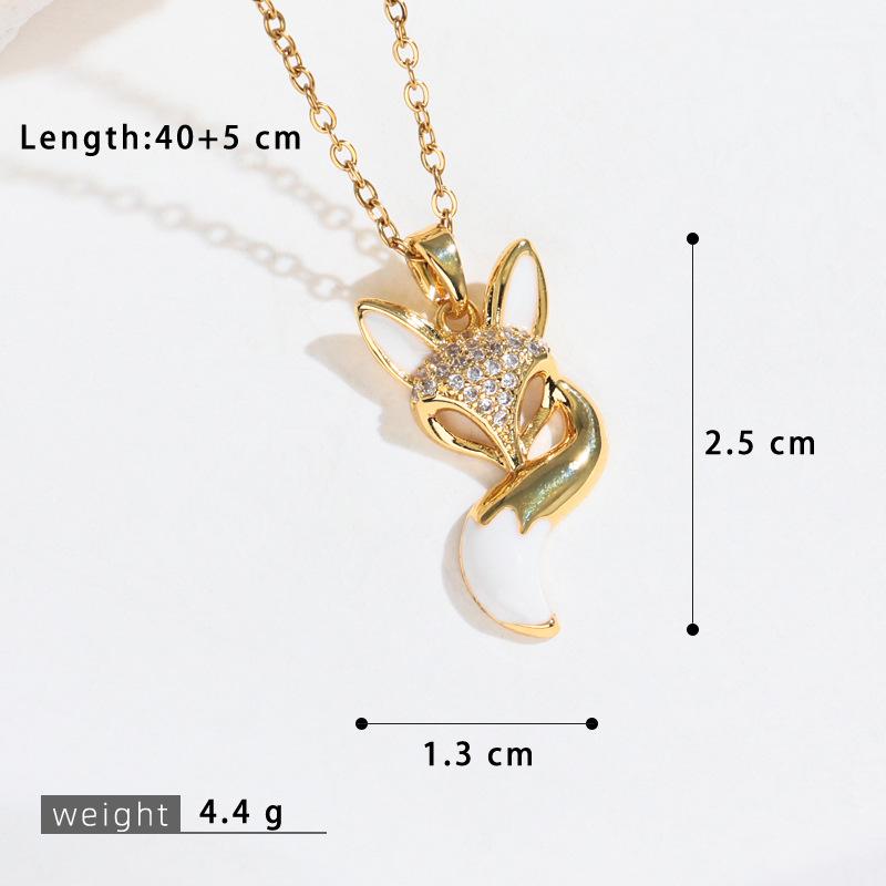 Creative Cute Fox Pendant Necklace with Zircon and Drip Glaze on a Copper Chain