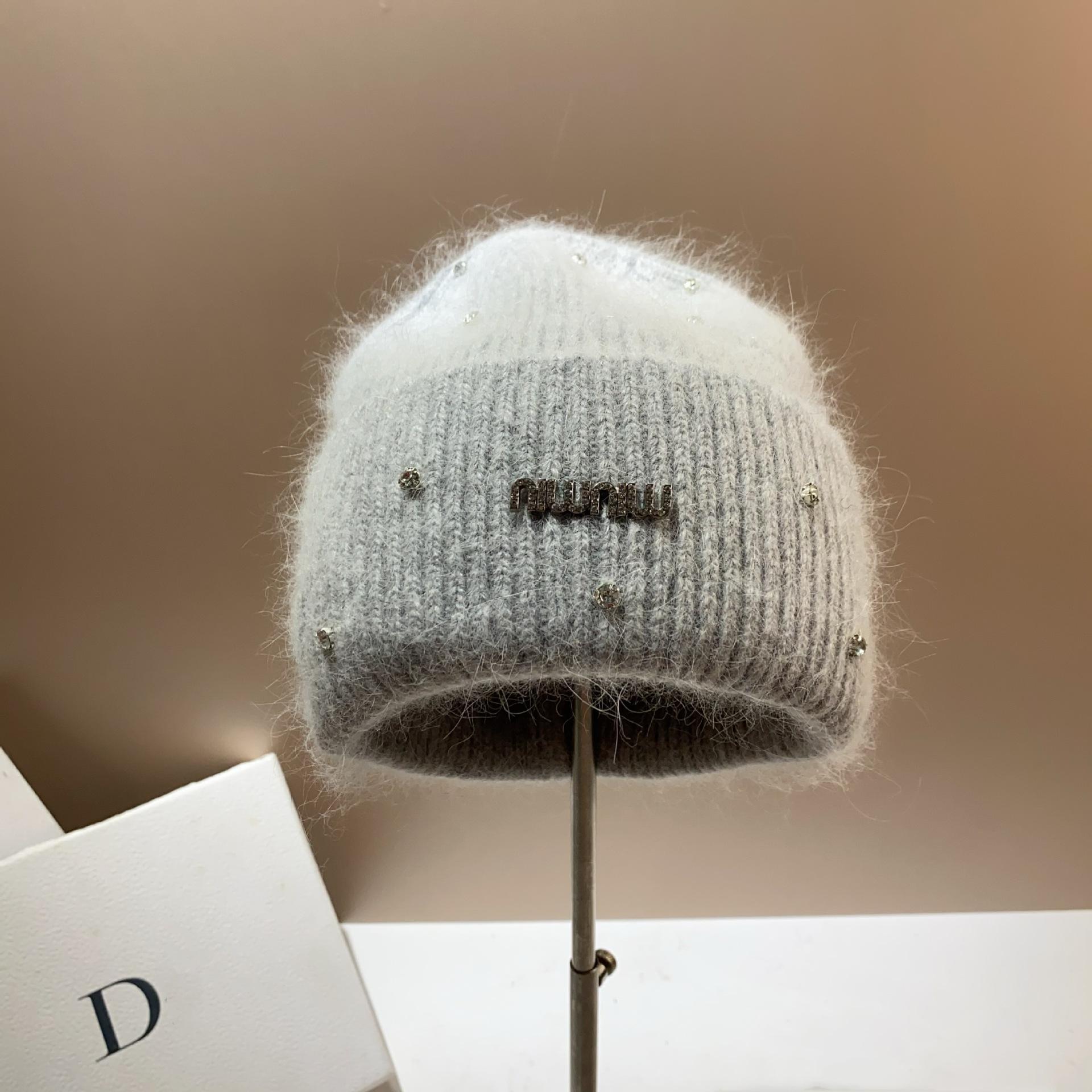 Winter Rhinestone Min Standard Knitted Hat Warm Rabbit Hair Ear Protection Hat Small Double Fold Edge Wool Hat one size светло-серый