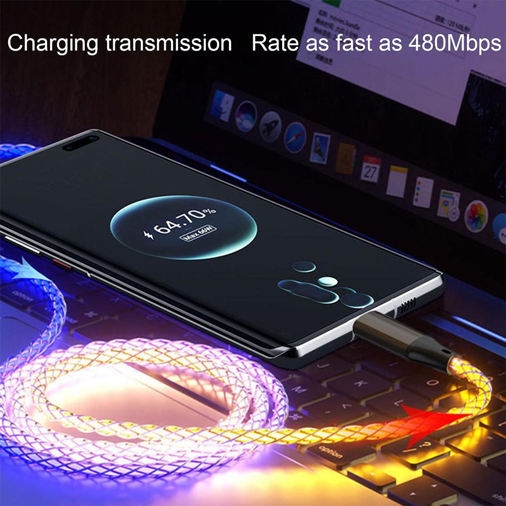 66w RGB Fast Charging Cable Compatible For Iphone Type-c Micro Usb Charger Cable Cool Colorful Glow Data Line