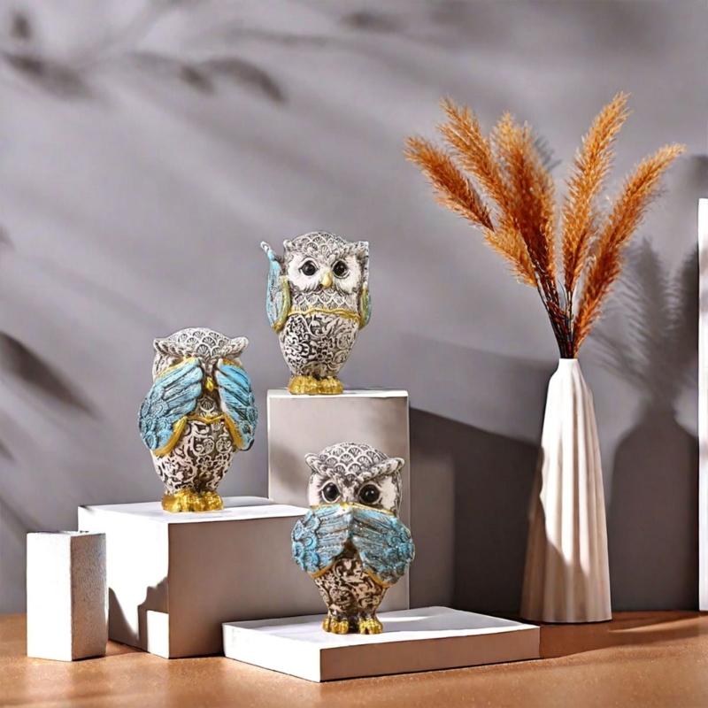 3 szt. Figurki Dekoracyjne Sowy Nie Słyszy Nie Widzi Nie Mówi Nie Sowa Zwierzę Rzeźby Żywiczne Ozdoby do Salonu i Biura