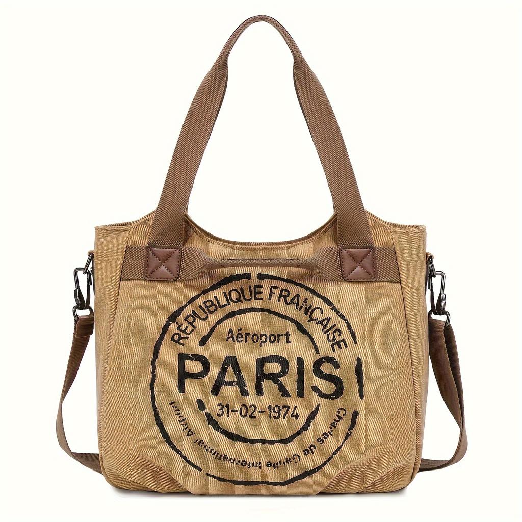 Women's Vintage Minimalist Paris Letter Print Commuter School Travel Small Crossbody Bag Handbag Tote Bag Large Capacity with Zipper Shoulder Bag