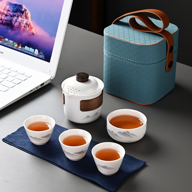 Suet jade Dehua white porcelain outdoor portable travel tea set business gift matching gift printing express cup