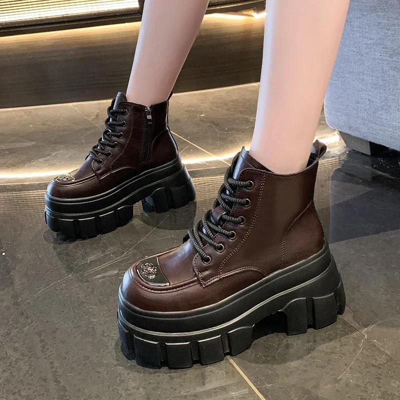 Modă 9CM Femei Piele Botine Gleznă Nou 2024 Toamnă Iarnă Pluș Cald Tocuri Pană Botine Groase Cizme Motociclete Fermoar Negru Pantofi Blană