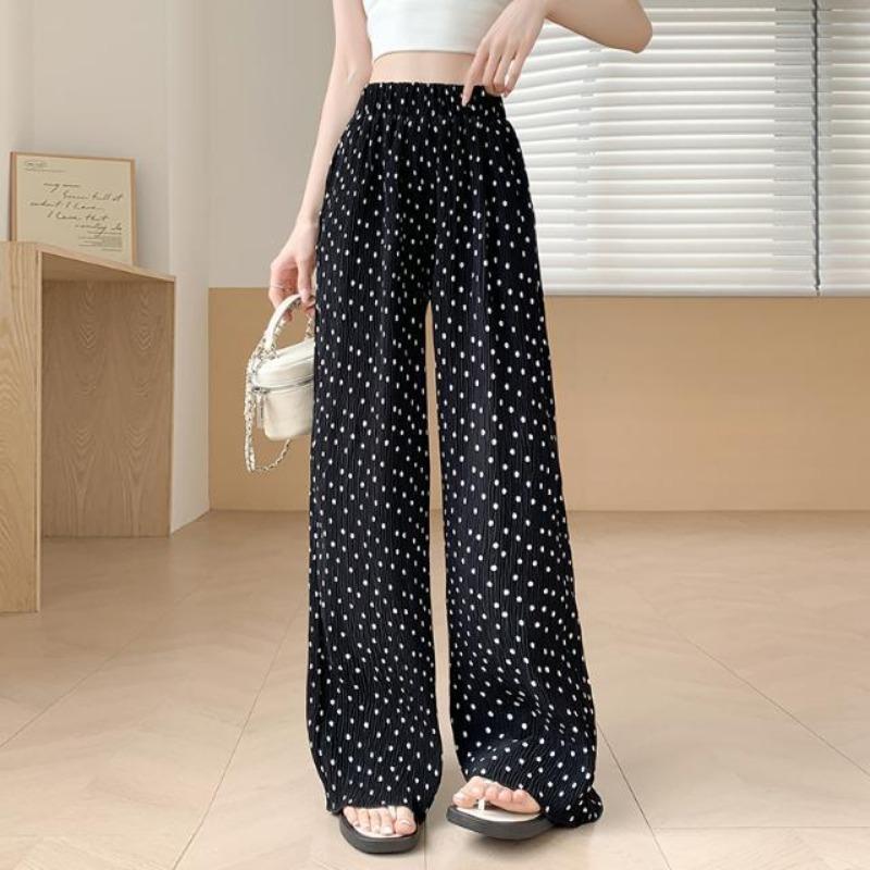 Polka Dot Pleated Wide Leg Pants for Women Summer Thin High Waist Drape Straight Loose Ice Silk Feel Floor Long Pants