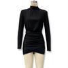 European Style Autumn/Winter 2025 Semi-High Neck Solid Color Long Sleeve Pleated Bodycon Dress