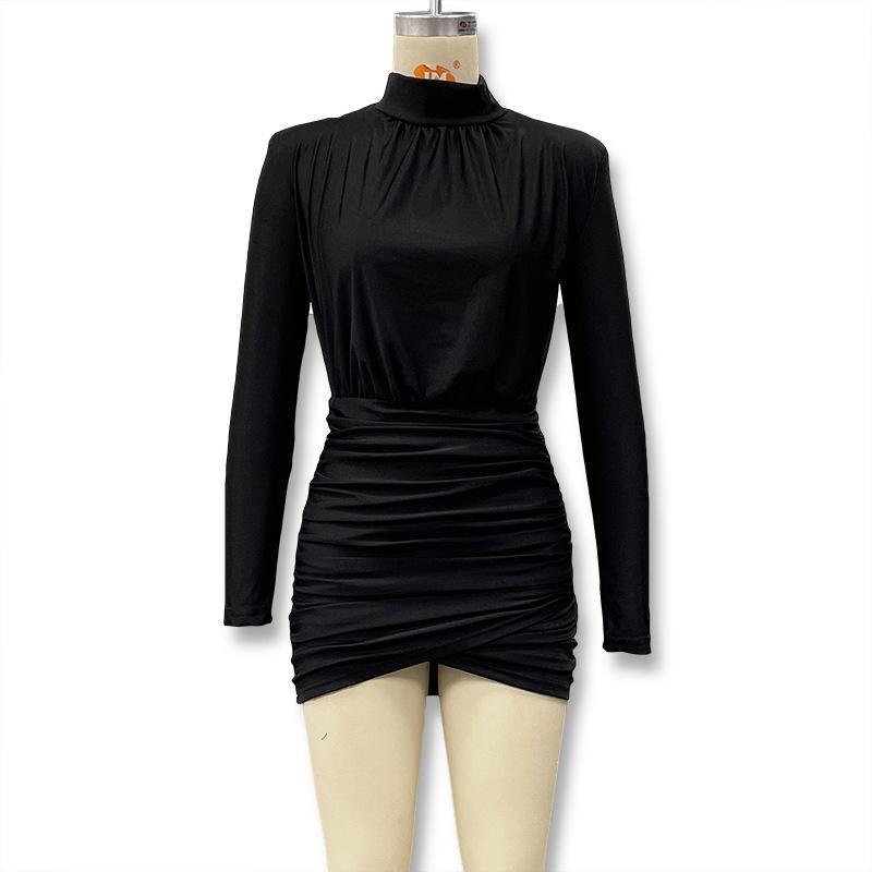 European Style Autumn/Winter 2025 Semi-High Neck Solid Color Long Sleeve Pleated Bodycon Dress