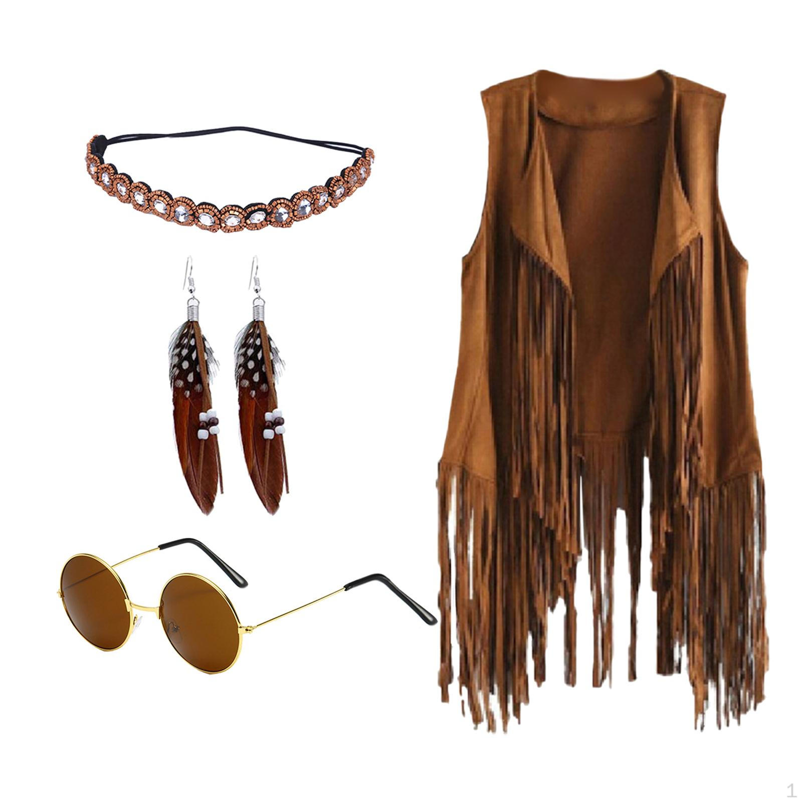 

Костюмы хиппи, одежда 60S 70S, костюм, серьги, ожерелье, кардиган с кисточками, дискотека, наряды для женщин XXL