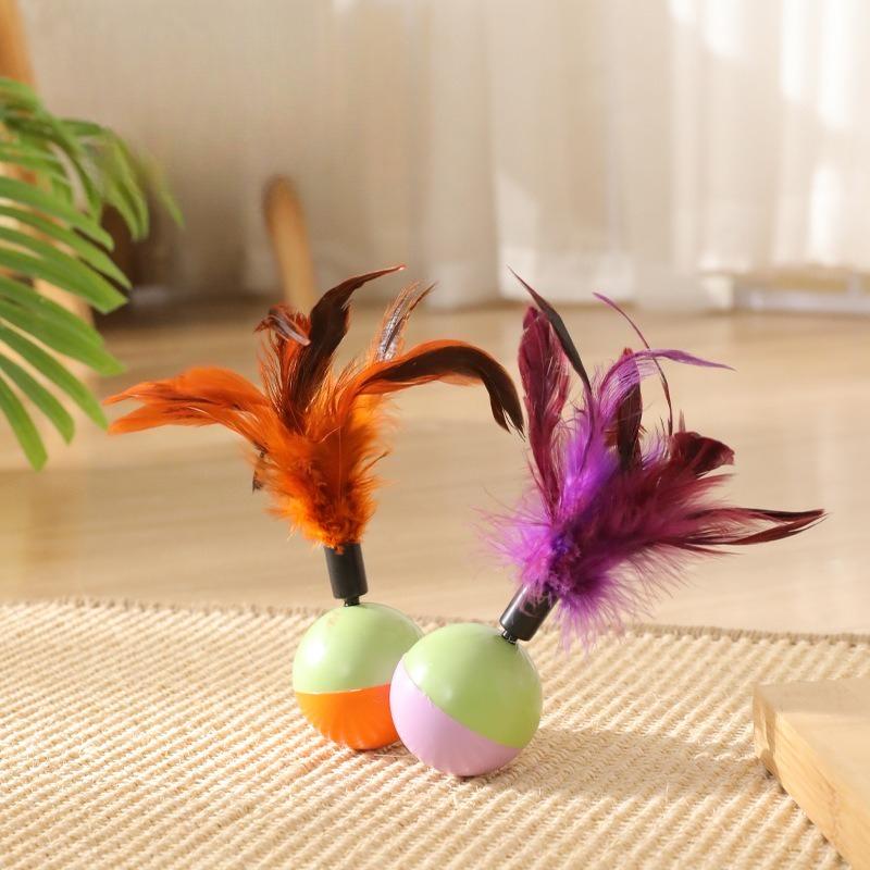 Cat Teaser Toy Feather Ball Wobble Doll Sounding Interactive Kitten Toy Teeth Cleaning Bite-resistant Cat Toy Supplies