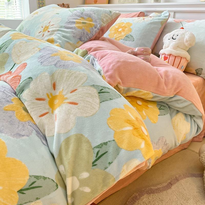 

Thickened Milk Fleece Bed Four-Piece Coral Fleece Quilt Cover Double-Sided Flannel Fleece Bed Sheet Three-Piece Set 1.2m 3pc 150 × 200 quilt