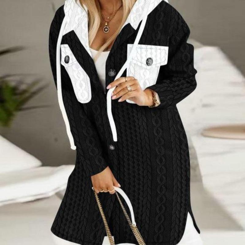 Langer Cardigan für Damen, übergroßer Cardigan mit Kapuze, gemütlicher Kapuzenpullover mit gedrehtem Muster, Kontrastfarbe für dicke Damenjacke