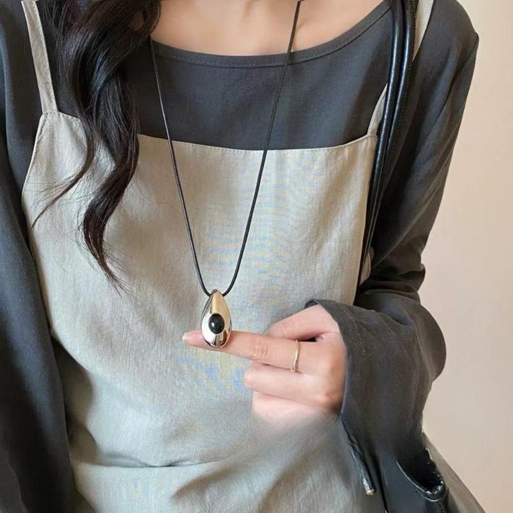 New Personalized Design Metal Water Drop Long Leather Rope Pendant Necklace for Women Charm Trendy Party Collar Jewelry Gift
