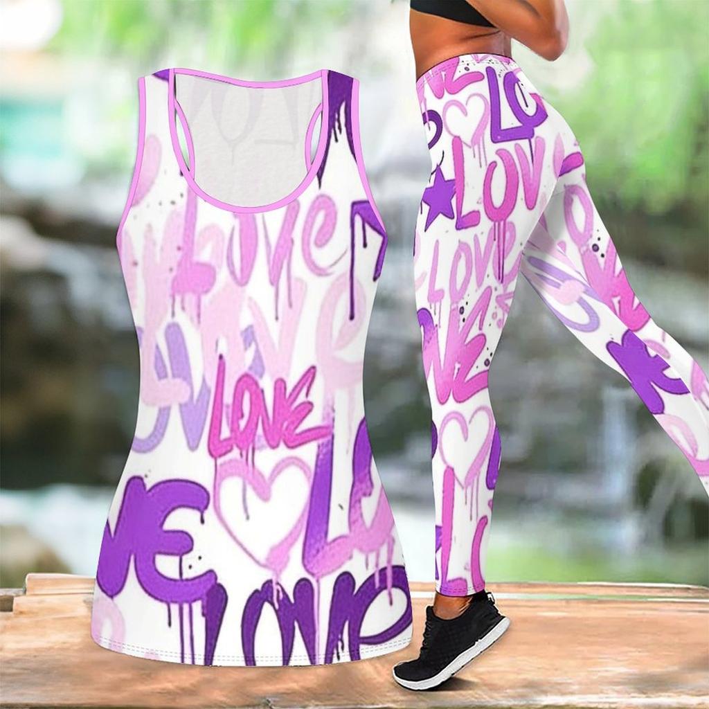 Heart Shaped Pattern Print Yoga Outfit for Women Fashion Workout Leggings Fitness Sports Casual Yoga Set Sports Suit Valentine's Day Exclusive