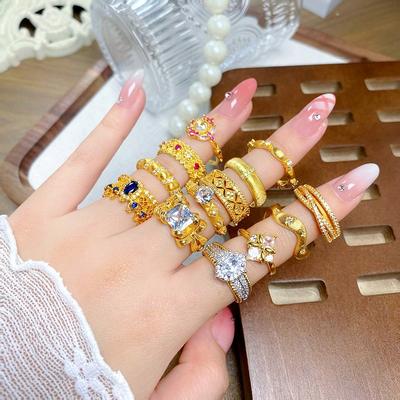 Medieval Vintage Series Gold Zircon Enamel Open Ring Super Fairy Exquisite Niche High-End Ring Woman
